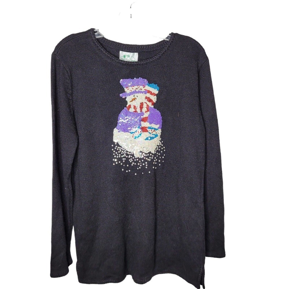 NWT Quacker Factory womens black pullover Sweater Christmas Snowman sequin Med